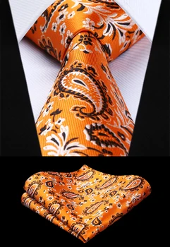 

Party Wedding Classic Pocket Square Tie Woven Men Tie Orange White Flower Necktie Handkerchief Set# TF3007D8S