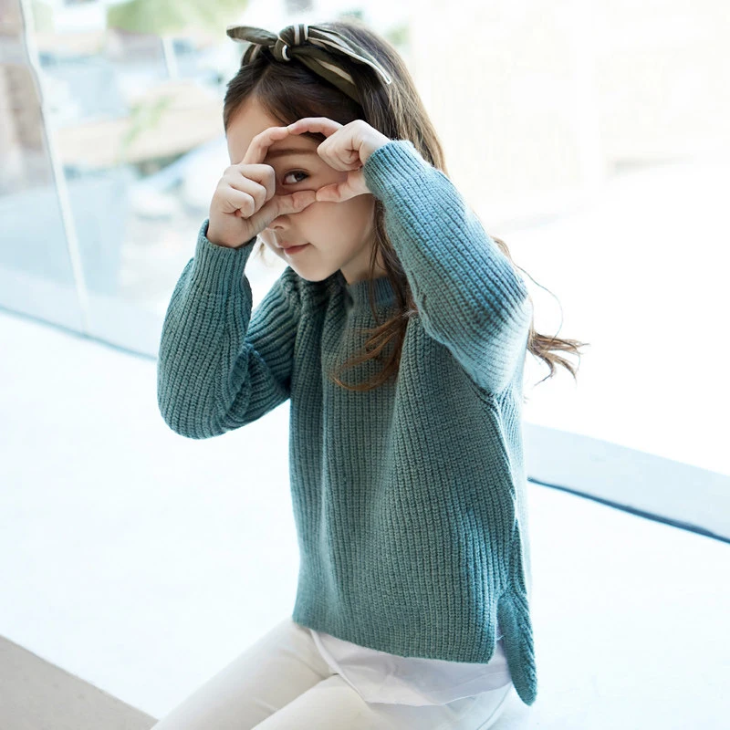 

2017 Woolen Sweater for Baby Girls Fashion Color Loose Design Mustard Brown Teal Fall Cloth Shcool Kids 56789 10 11 12 Years Old