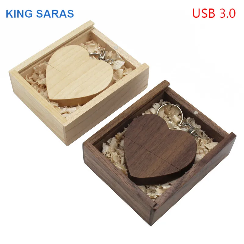 Король SARAS клена из орехового дерева в виде сердца + коробка модель usb3.0 32 GB usb флэш-накопитель usb3.0 флеш-накопитель 4 ГБ 8 ГБ оперативной памяти