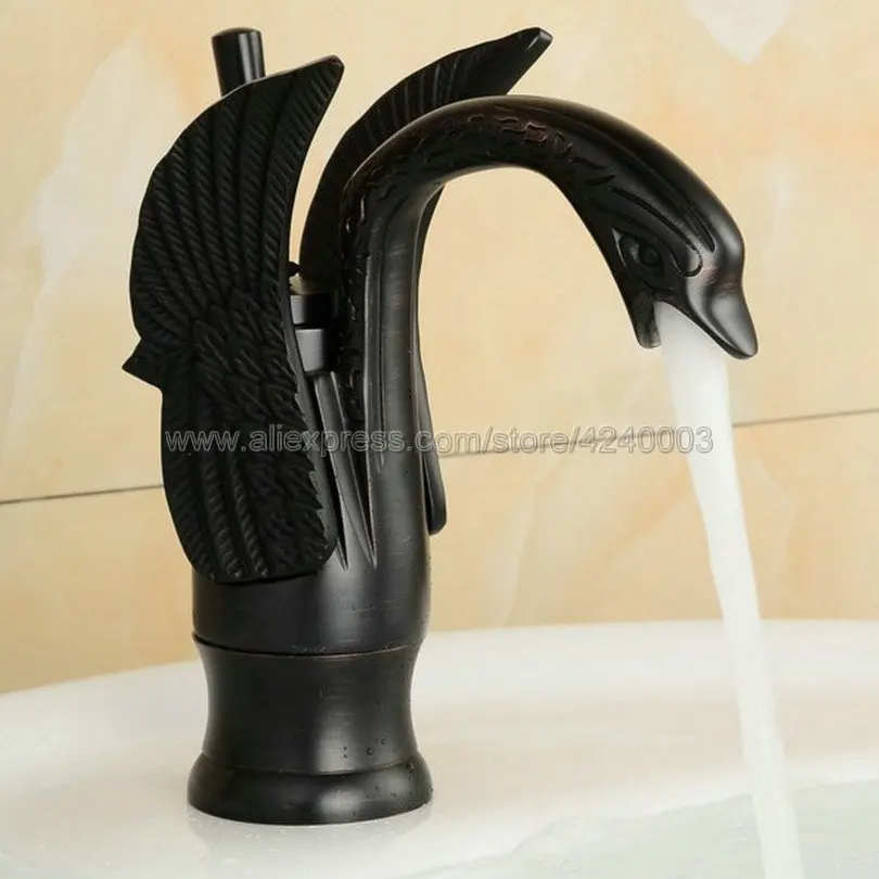 

Oil Rubbed Bronze Swan Shape Black Brass Basin Sink Faucet Bathroom Single Hole Centerset Basin Mixer Tap Swan Faucet Knf030