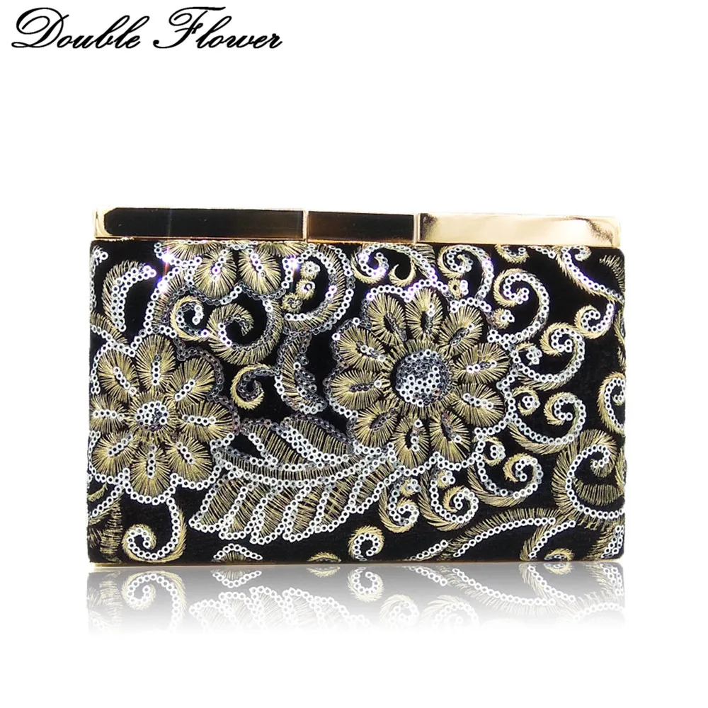 

Double Flower Vintage Embroidery Sequins Women Metal Frame Black Evening Handbag Purse Wedding Party Metal Clutches Bag