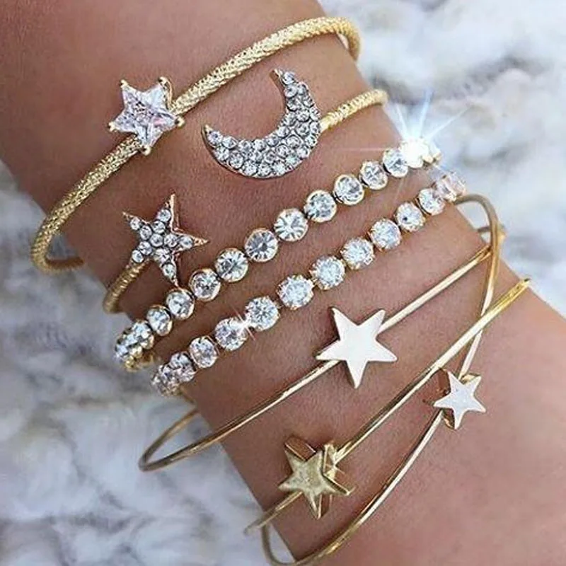 Панк Ретро Шарм простой Луна Звезда браслет с кристаллом в форме сердца вечерние ювелирные изделия аксессуары браслет для женщин