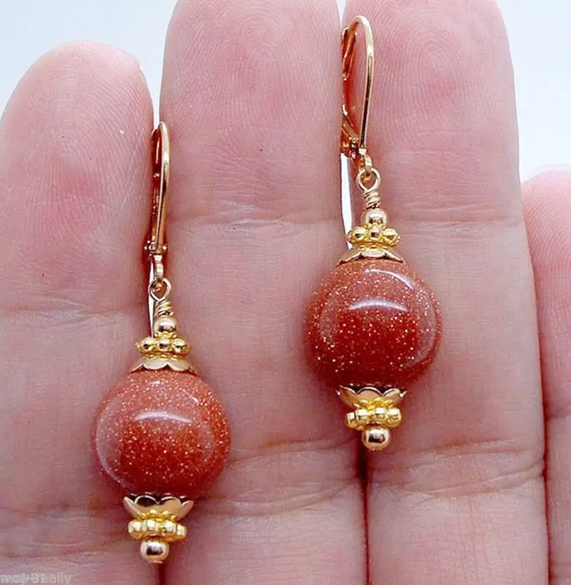 

Free shipping New Handmade Bold Gold Sand Stone Gems Gold Plated Leverback Dangle Earrings