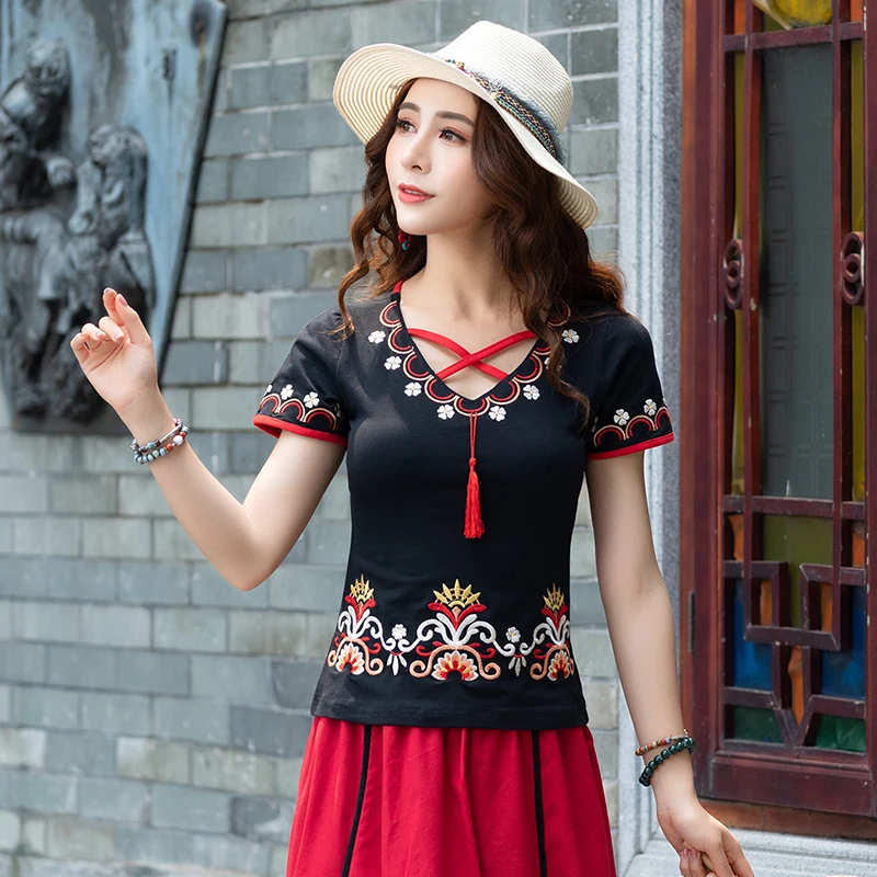KYQIAO camiseta mujer футболка в этническом стиле женская летняя Мехико стиль Этническая винтажная черная белая зеленая Красная футболка с вышивкой