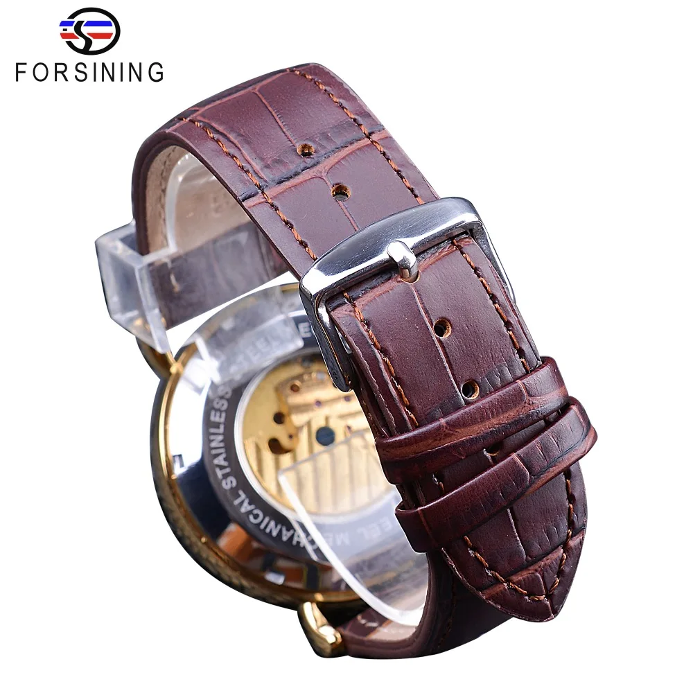 Mechanical Watch Forsining Royal Golden Skeleton Display Blue Hands Brown Genuine Leather Belt Mens Mechanical Wristwatches Clock Male