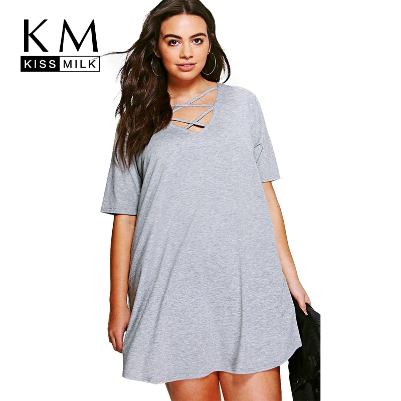 

Kissmilk Plus Size Criss Cross Cut Out V Neck Short Sleeve Solid Dress Holiday Casual Basic Loose Lady Mini Dress