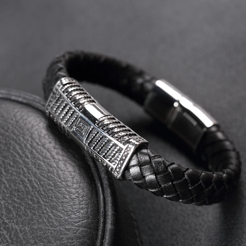 Trendy Jewelry 1PC 12mm Genuine Leather Bracelets Men Stainless Steel