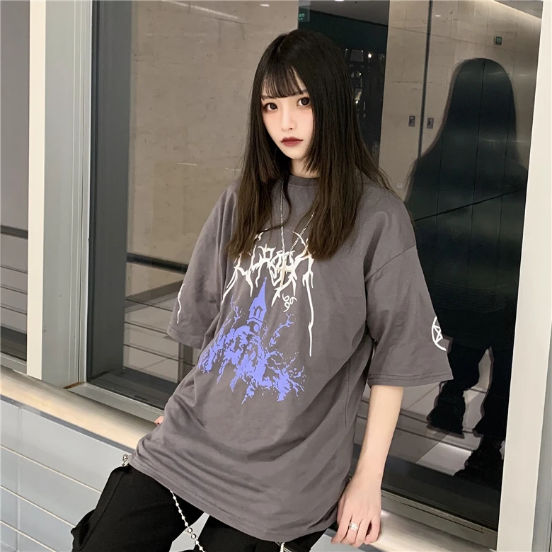 Женская футболка с коротким рукавом Harajuku черная или серая Повседневная принтом в