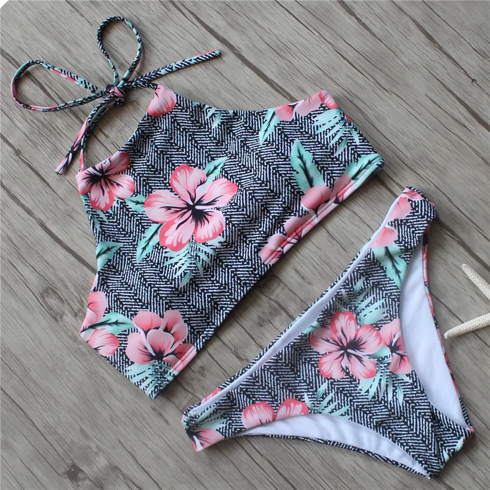 

2019 Sexy Retro Floral Striped Low Waist High Neck Cropped Biquini Modest Swim Bathing Suit Swimsuit Swimwear Women Bikini