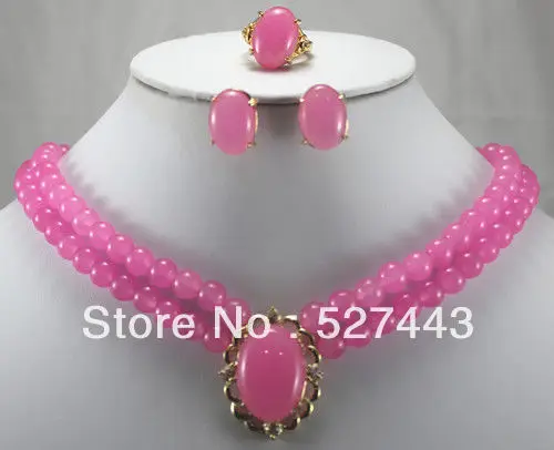 

Wholesale free shipping >>nice double rows 8mm pink jade necklace pendant earrings ring set