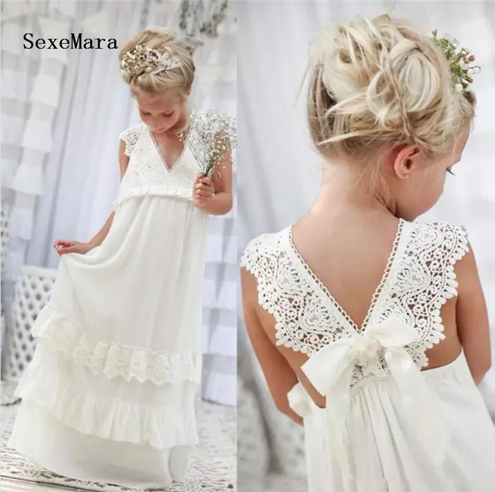 Boho Long Flower Girls Dresses For Weddings V Neck Lace A-Line Little Princess First Communion Dress | Детская одежда и обувь
