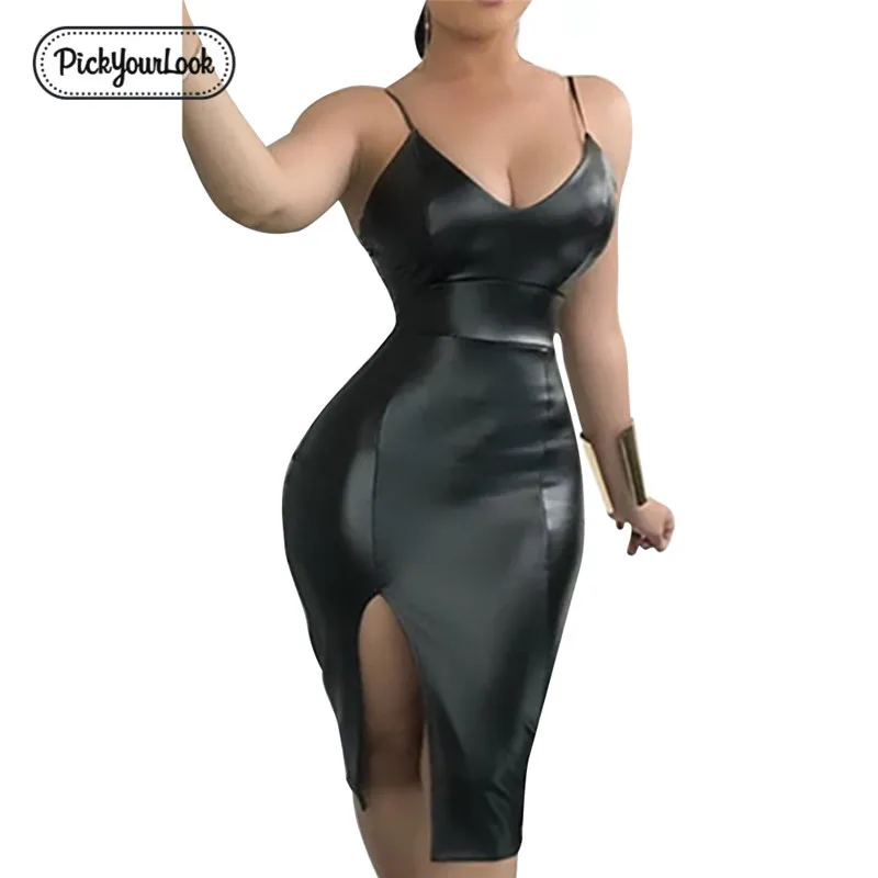 

Pu Leather Dress For Women Plus Size Black Sexy Bodycon Spaghetti Strap High Waist Split Skinny Bandage Lady Midi Dresses Female