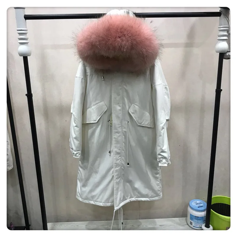 Большие женские парки с натуральным мехом, зимняя женская куртка из меха енота, пуховик на утином пуху для женщин, зимнее пальто, женская длинная парка - Цвет: White- pink