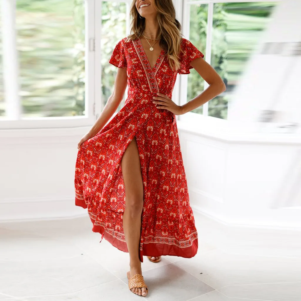 

Feitong Women Long Maxi Dresses Bohemia V-neck Short Sleeve Floral Print Ethnic Summer Beach Female Split Stylish Style Dress