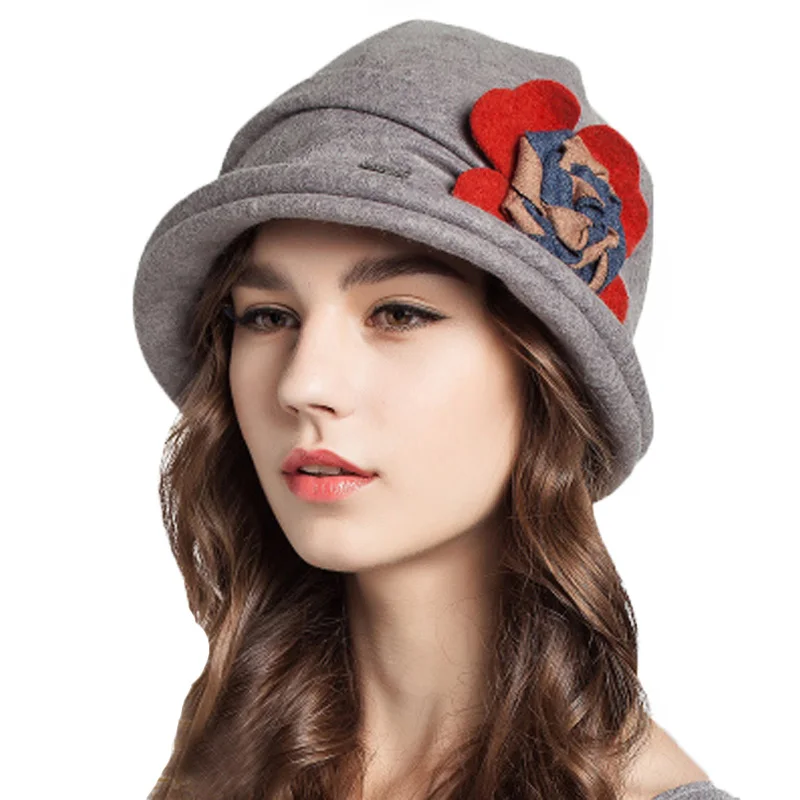 Женская теплая винтажная фетровая шляпка FS, складывающаяся шерстяная шапка с широкими полями, с декоративным цветком, серого цвета, зимняя - Цвет: Серый