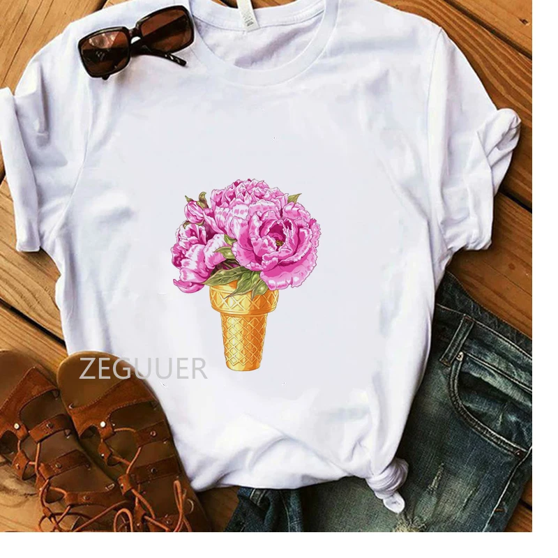 Милая Цветочная футболка с мороженым Vogue Женская летняя белая футболка для девочек из мягкого хлопка повседневные футболки женские