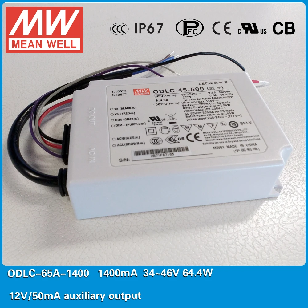 

Original MEAN WELL Flicker free LED Power Supply ODLC-65A-1400 64.4W 1400mA 34~46V with 12V/50mA auxiliary output