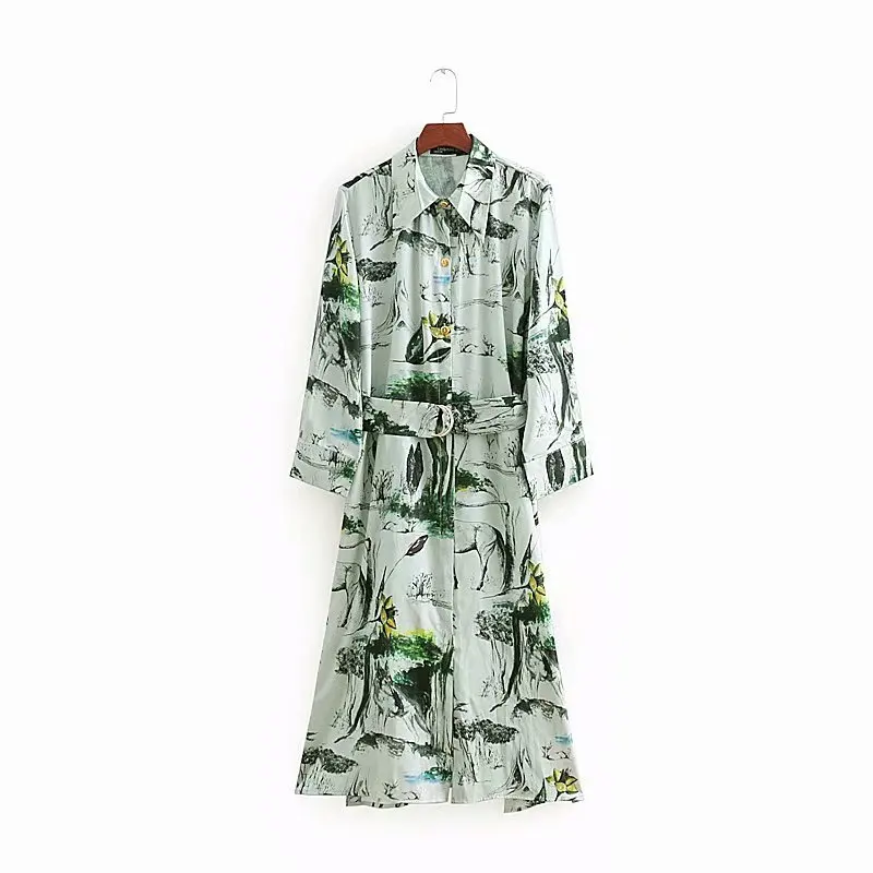 

2018 autumn dress casual green long dress printing womens clothing long sleeve dress women lace-up shirt dress