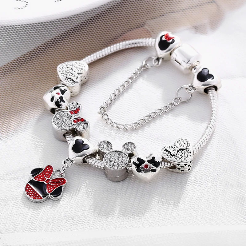 Европейский серебристый мультфильм Микки Минни бусины в форме сердца бренды Браслет модный браслет для женщин ювелирные изделия подарок