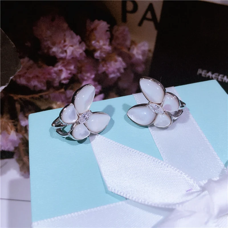

Fashion Shell Eye Stone Zircon Butterfly Stud Earring 925 Sterling Silver Shell Clover Party OL Wedding Jewelry