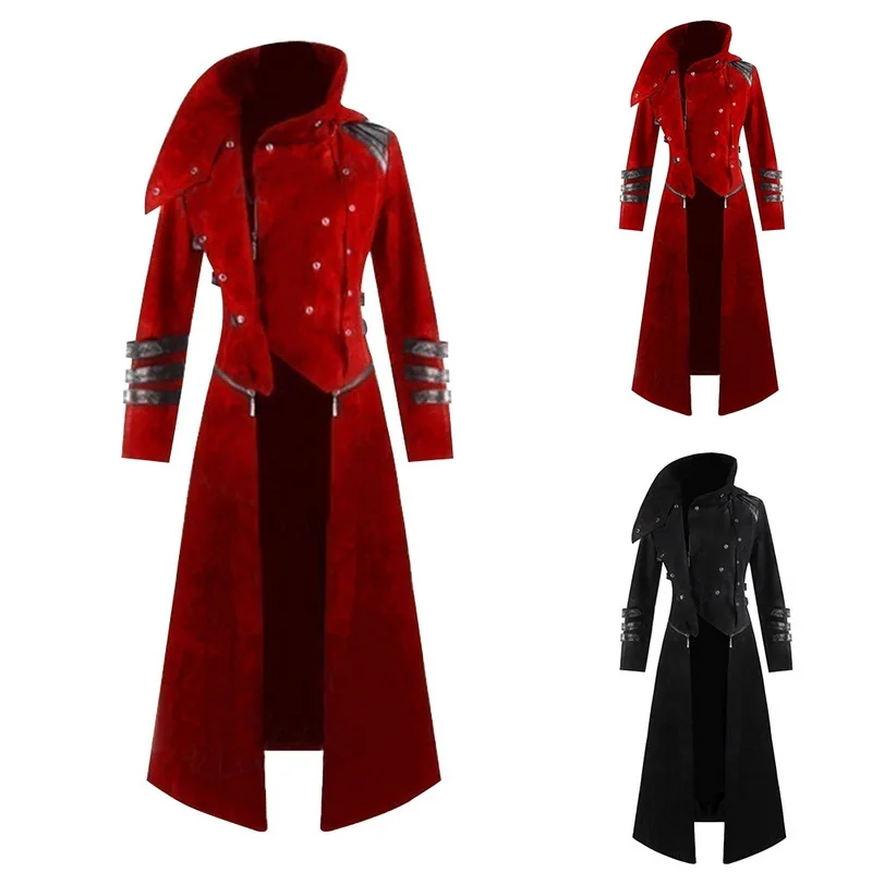 

Oeak Solid Hooded Abrigo Hombre Button Long Trench Coat Men Vintage Stand Collar Steampunk Zipper Long Sleeve Coats Men 5XL