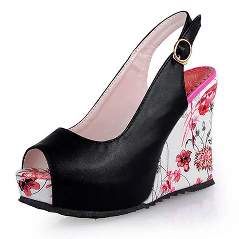 Florral Print Wedges Heel Sandals Summer Shoes Woman Buckle Strap Slingbacks Platform Thick Bottom High Heels Sandals Women E02 (3)