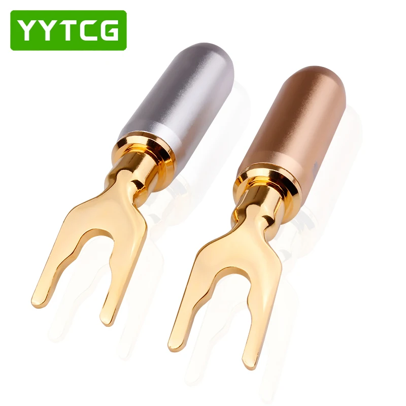 YYTCG 4Pcs/lot Y/U Type Pure Copper Speaker Plugs 24k Gold-plated Speaker Cable Plug Banana Connector