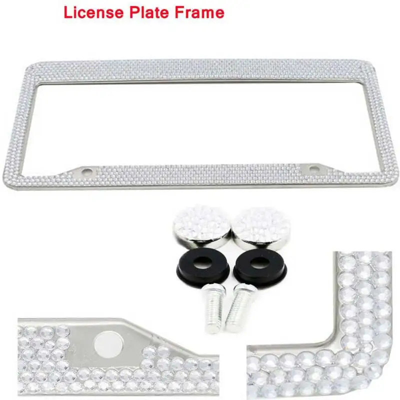 2pcs Car License Plate Frame White/Black Stainless Crystal RhineStone Diamond US Car License