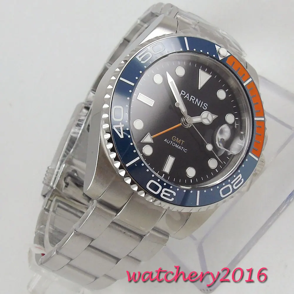 Parnis 40 мм механические часы GMT синий красный керамический ободок ныряльщик часы автоматические нержавеющая сталь сапфир роль роскошные часы для мужчин