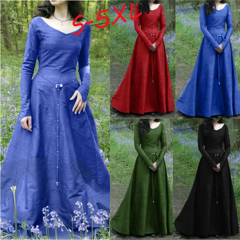 Women dress clothes Plus Size Solid Vintage Renaissance Long Sleeve Bandage Long Party Dress elegant dress robe femme O26#N (18)