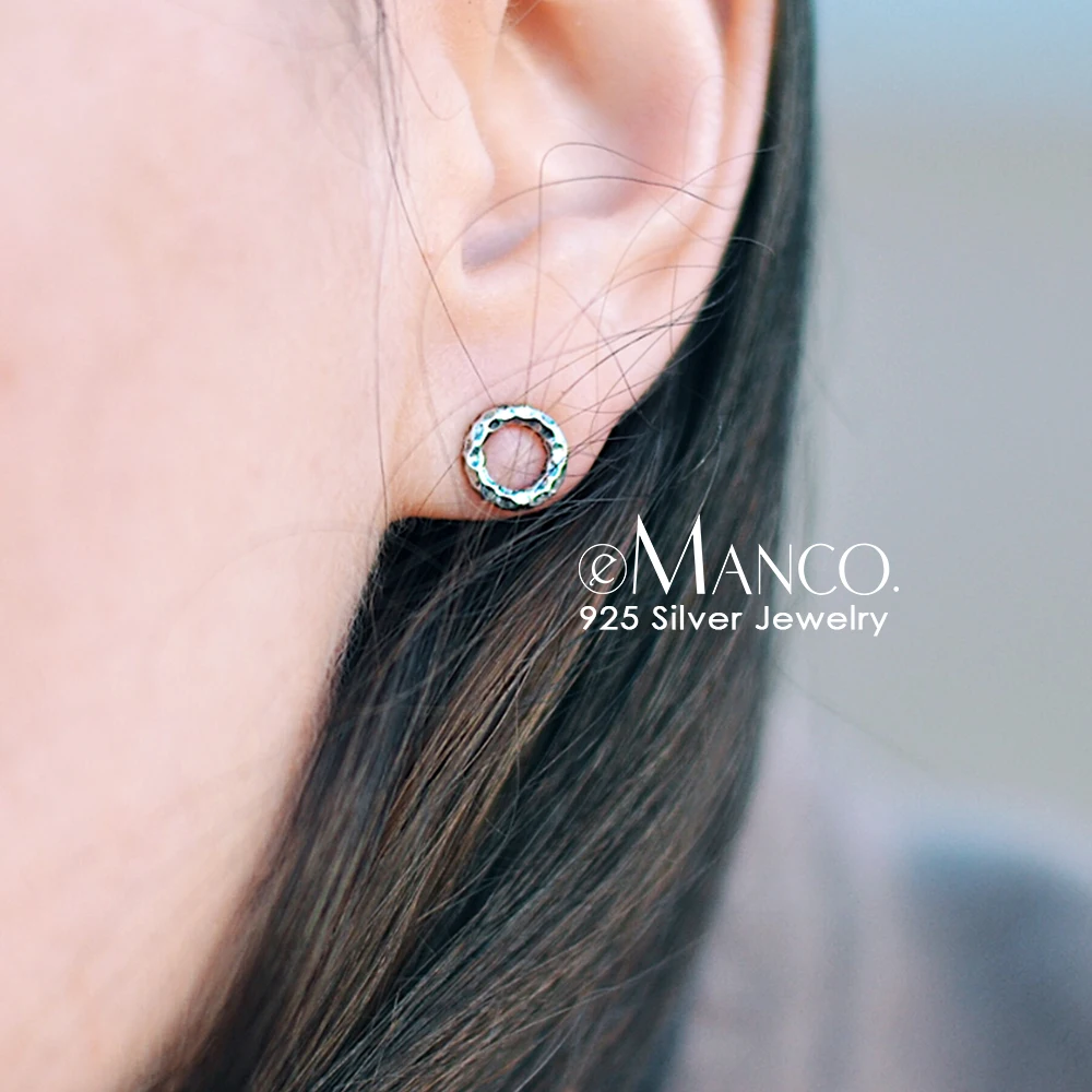 e-Manco Simple 925 Sterling Silver Round Stud Earrings for Women Uneven Circle Earrings New Two Geometric Fine Jewelry