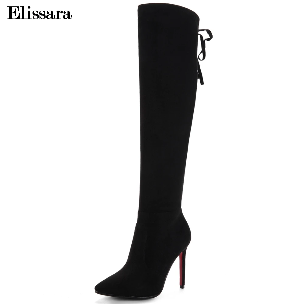 

Elissara Women Winter Boots Sexy Thin High Heels Knee High Boots Women Zip Pointed Toe Lace Up Red Black Shoes Plus Size 33-43