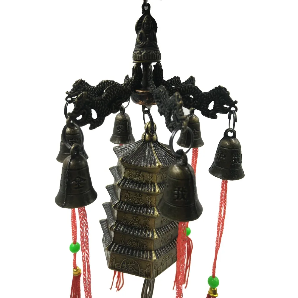 

ANGRLY 33cm Six Dragon Towers Feng Shui Bronze Bell Copper Bells Safe Clock Transfer Evil Spirits Lucky Security Pendant Mascot