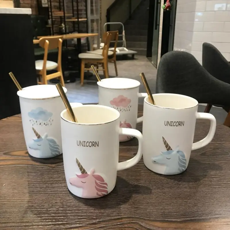 Unicorn Mug Creative 3D Relief Unicorn Coffee Mug Milk Mugs With Spoon Ceramic Tea Cup Mug With Cover Spoon