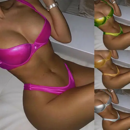 

New Fashion Women Shiny PU Leather Rims Push-Up Bikini Set Beachwear Bathing Suits Summer Swimsuit Swimwear