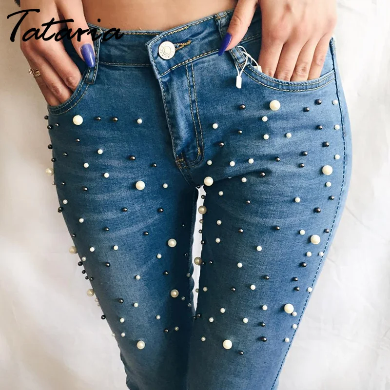 Denim Women Skinny Jeans With Pearls Pants Slim Femme Beading Pearl Jeans Woman 2018 With beads Mid Waist Pencil Jean For Women