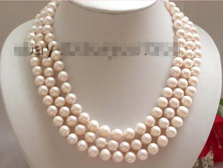 

FREE SHIPPING 20" Genuine 3rows Natural 10MM White Pearl Necklace 14k (A0513)