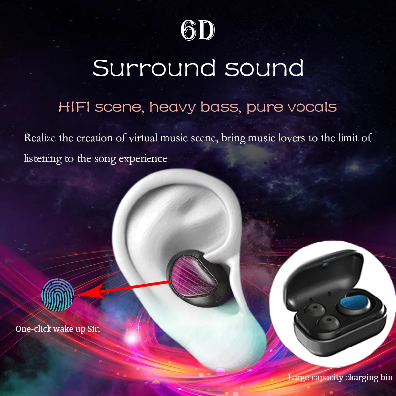 

6D surround sound wireless Bluetooth headset HIFI noise reduction IPX6 waterproof mini touch Bluetooth headset