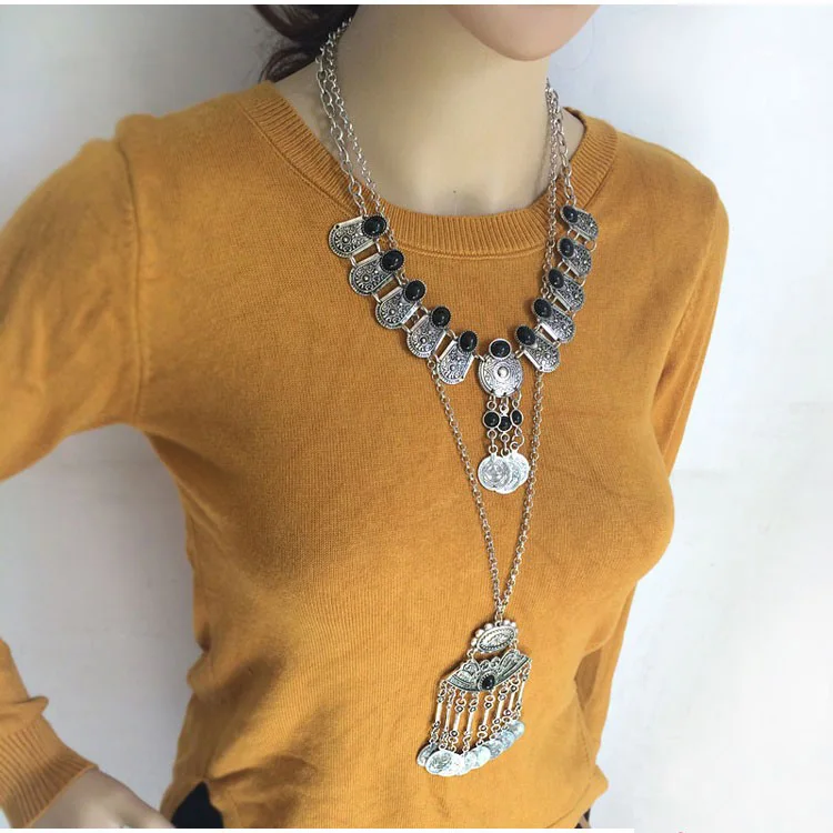 MISANANRYNE Мода Цыганский богемный Бохо ювелирные изделия серебряный цвет кисточки длинные резьба ожерелье монеты для женщин хорошее ювелирное изделие