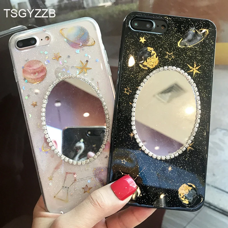 

Phone Case For iphone X 10 8 Plus 6 6S Cases Silicone New Luxury Rhinestone Planet Mirror Soft TPU Back Case For iphone 7 Covers