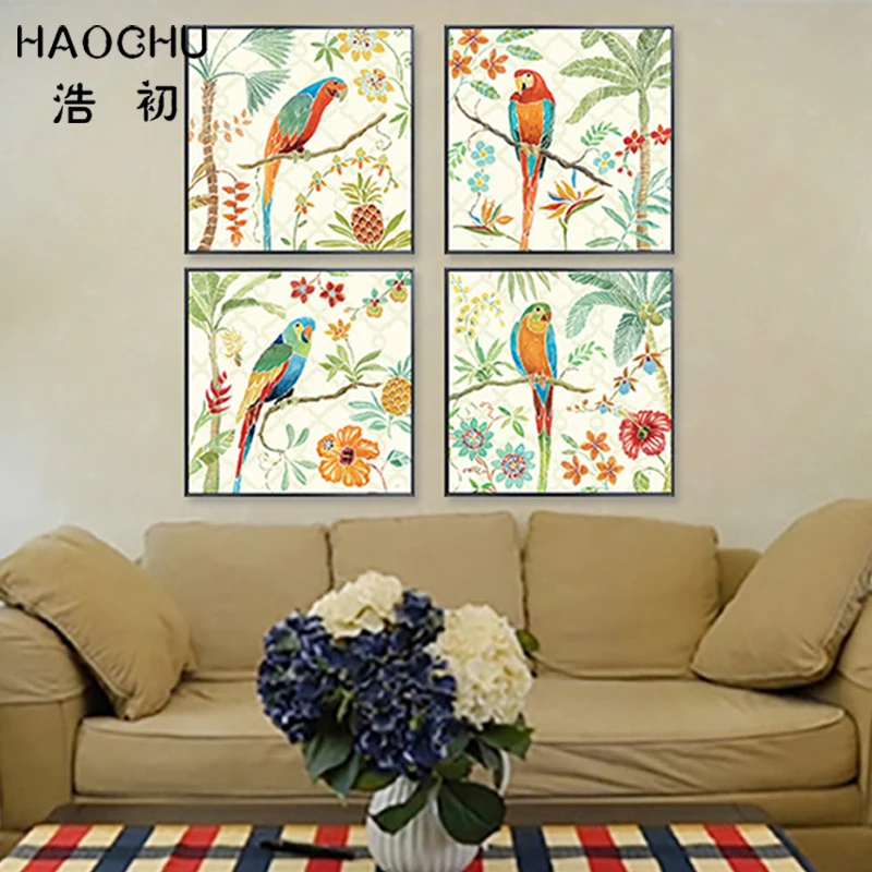 

HAOCHU Parrots Tropical Tree Hawaii Landscape Decorative Artwork Wall Poster Canvas Painting Modular Pictures for Living Room