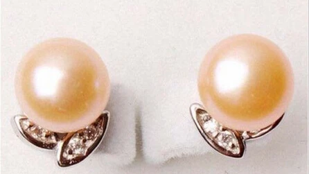 

wb004 Genuine Natural 9-10mm Peach Akoya Freshwater Pearl Crystal Silver Stud Earrings 2pc