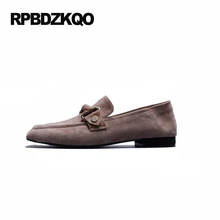 Повседневная Настоящая кожа плоские Дамы красивые туфли досуг дам женщин удобный Квадратный носок лоферы надевать приукрашенный замша европейская весенняя осень Мода отправка капель красивая последние