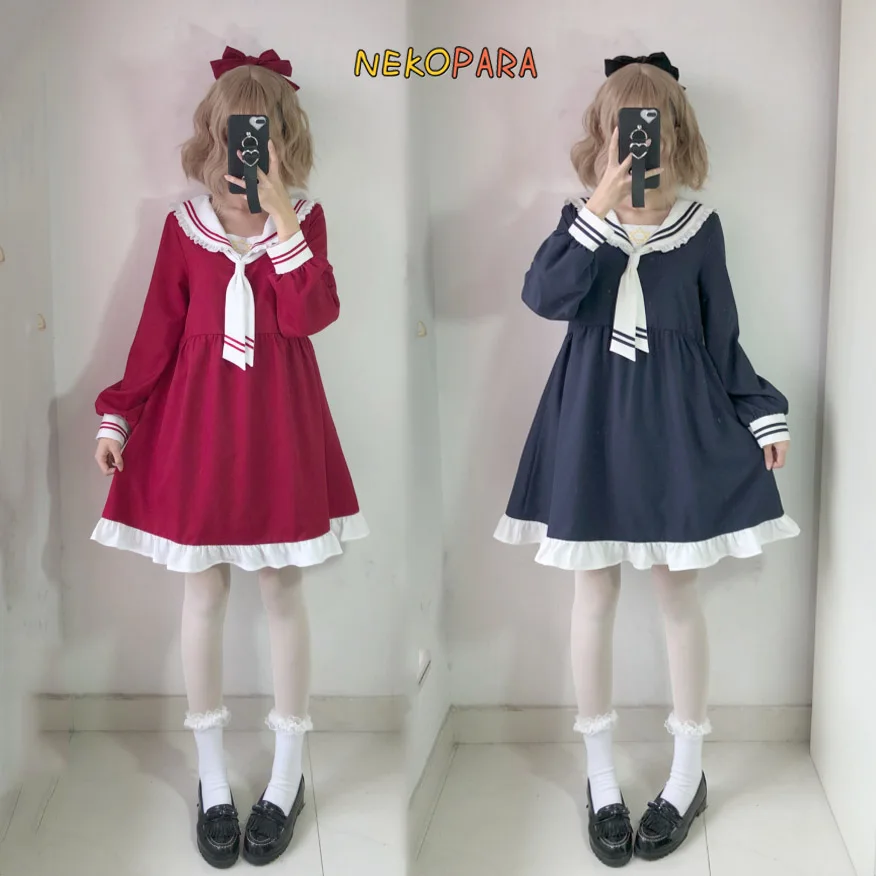 

Sailor Collar Navy Style Cute Women's Dress Autumn Long Sleeve Preppy Style Dress One Piece Color Red & Navy Blue