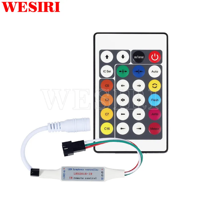 

DC 5-24V WS2812B WS2811 LED Digital RGB Pixel Controller Mini Infrared LED Symphony Controller with 24KEY IR Remote Control