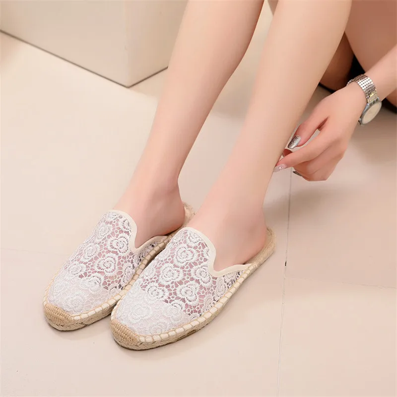 Women Half Slippers Espadrilles Lace Cut-outs Black Women's Sandals Wear Simple Slides Casual Ladies Mules Flat Fisherman Shoes  (9)