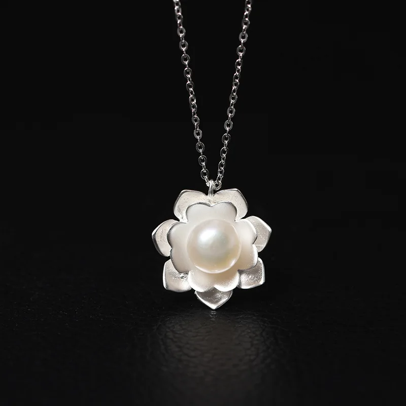 

Natural Pearl & Pure Silver 925 Lotus Flower Pendant Necklace For Women 100% Sterling Silver 925 Jewelry Female Choker Necklace