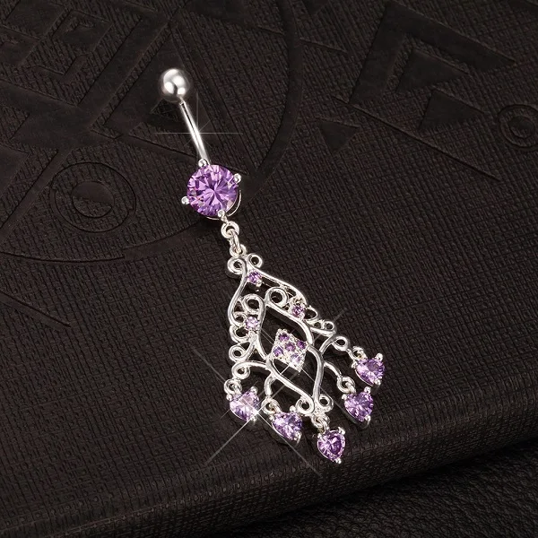 Сексуальная подвеска кисточка для живота, кольца для живота, кольца для пирсинга живота, цветок с цирконами и стразами, украшения для тела, пирсинг пупка, кольца - Окраска металла: purple zircon