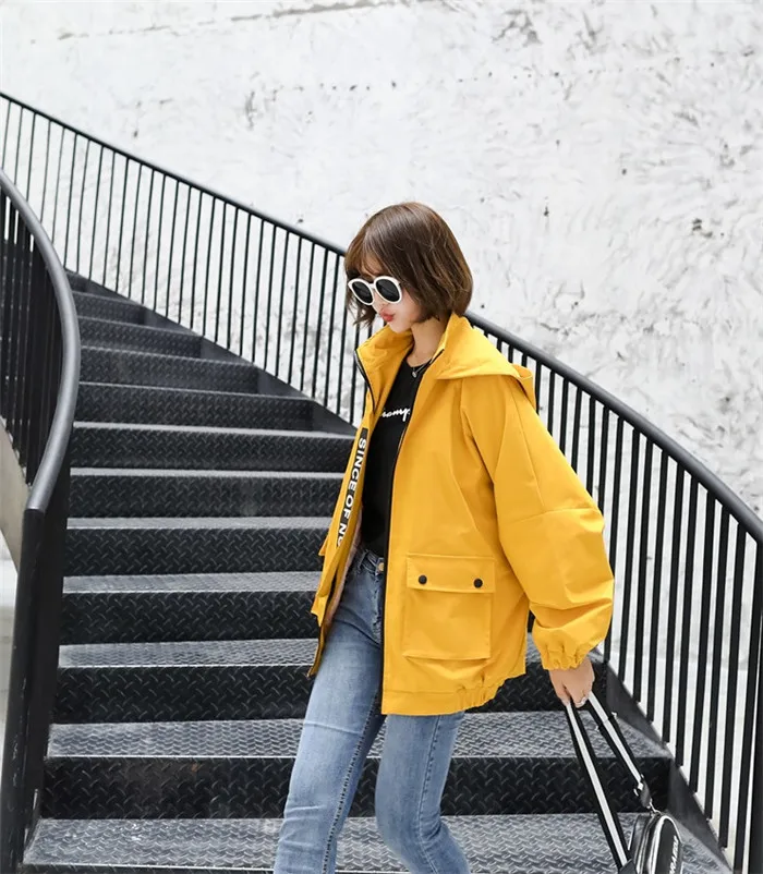 Новая куртка-бомбер женская Harajuku Весна Осень Свободный с капюшоном на молнии карман куртка жакет Женская верхняя одежда Топ Повседневная короткая верхняя одежда - Цвет: Ginger yellow