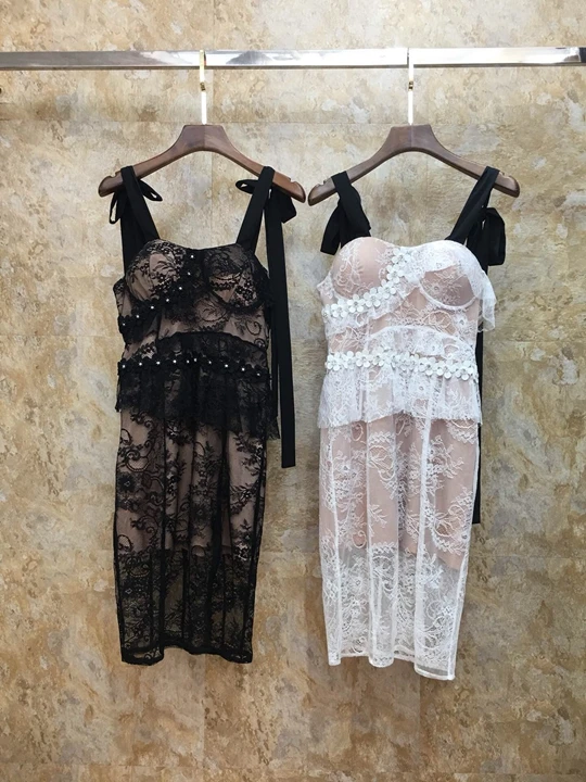 2019 Summer New Female Shoulder Strap Knotted Lace Stitching Sling Dress 705